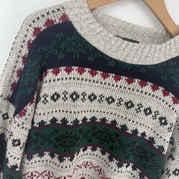 Timber Trail Men’s Vintage Fair Isle Knit Sweater Large Cream Green Red Winter - Picture 4 of 9